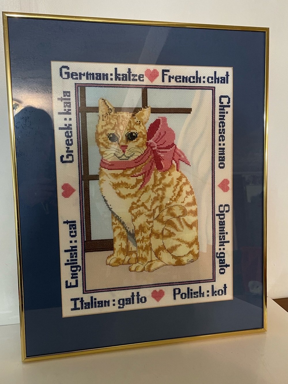 Framed Cross Stitch Cat Art